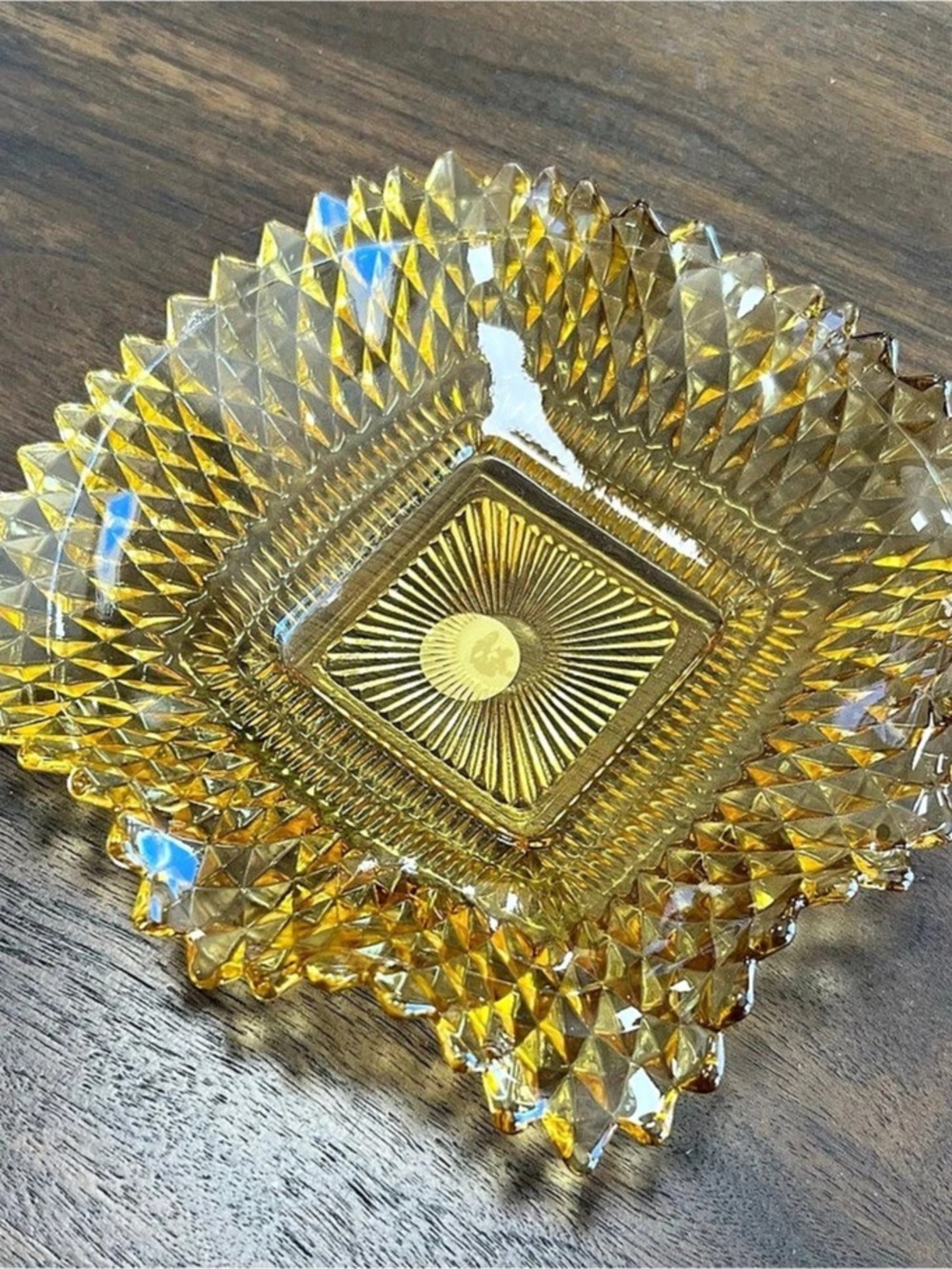 Indiana Glass Diamond Point Ruffled Square Candy Dish Gold & Clear